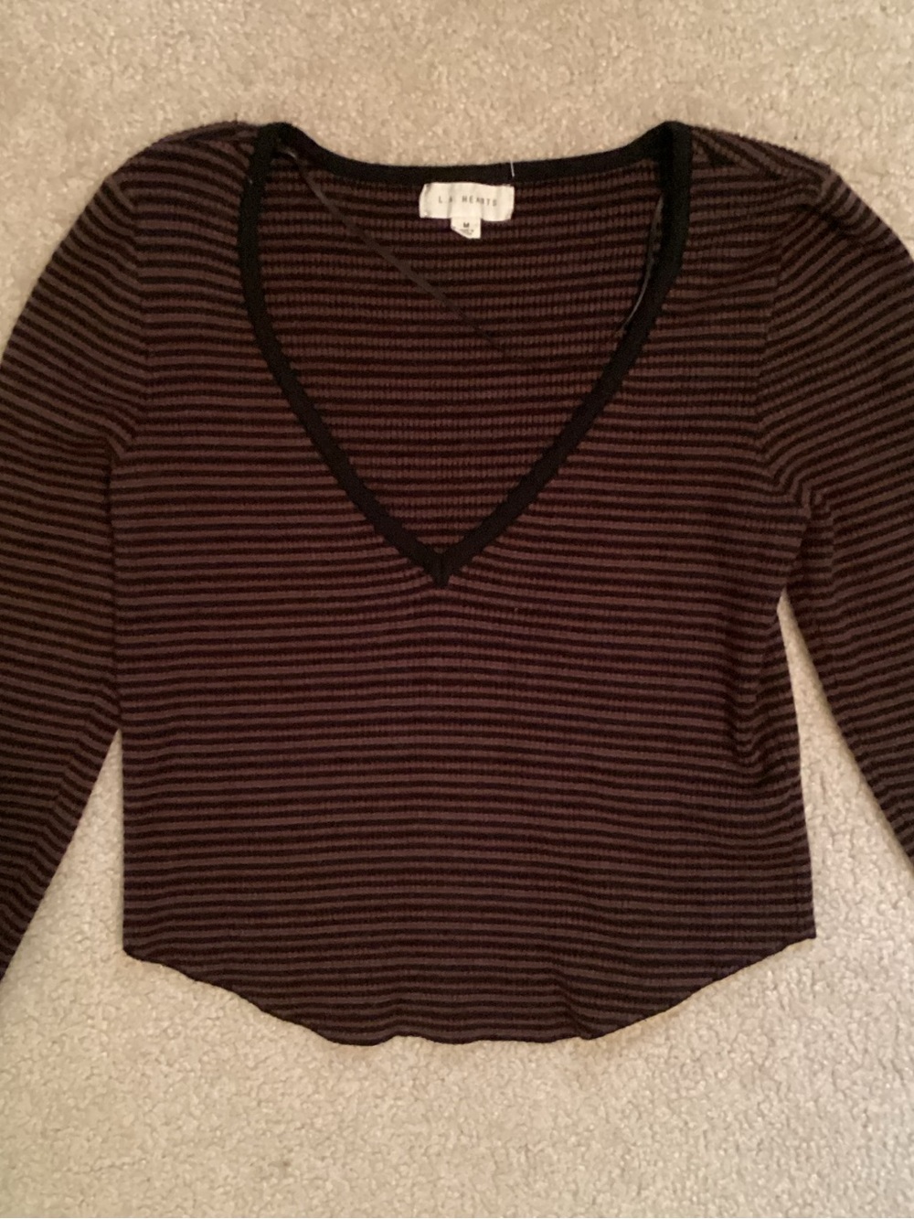 L. A. Hearts Ladies V-Neck Black/ Brown Stripe Long Sleeve Pullover Top Size M - Picture 2 of 7